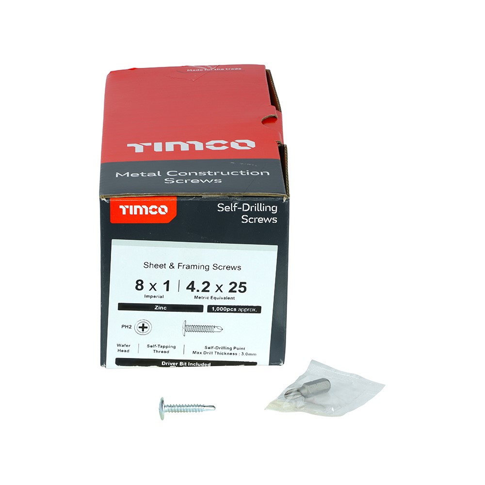 TIMCO Metal Construction Sheet & Framing Screws - PH - Wafer - Self-Drilling - Zinc 4.2 x 25mm (1000 Pack)