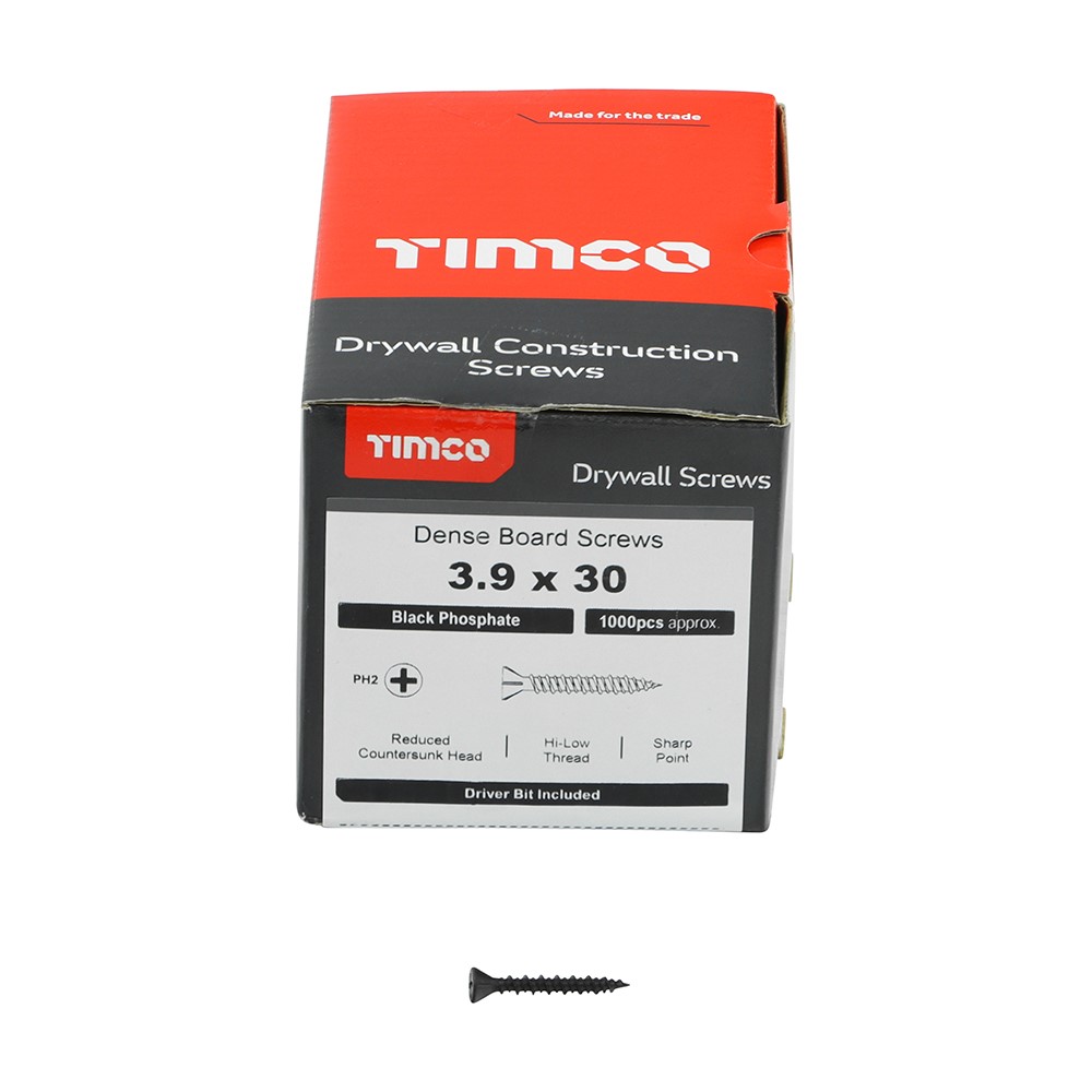 TIMCO Drywall Dense Board Screws - PH - Reduced Countersunk - High-Low Thread - Black 3.9 x 30mm (1000 Pack)