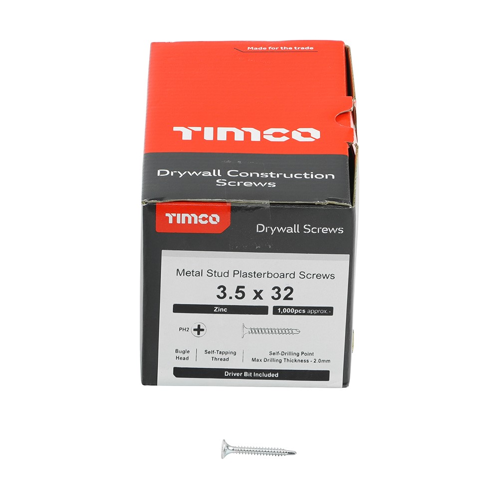 TIMCO Drywall Metal Stud Plasterboard Screws - PH - Bugle - Self Drilling - Zinc 3.5 x 32mm (1000 Pack)