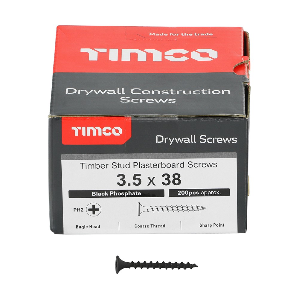 TIMCO Drywall Timber Stud Plasterboard Screws - PH - Bugle - Coarse Thread - Grey 3.5 x 38mm (200 Pack)