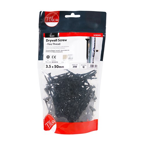 TIMCO Drywall Screws - Fine Thread - PH - Bugle - Black 3.5 x 50mm (250)