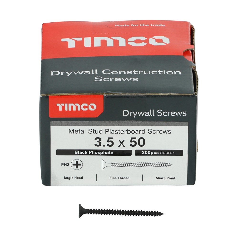 TIMCO Drywall Metal Stud Plasterboard Screws - PH - Bugle - Fine Thread - Grey 3.5 x 50mm (200 Pack)