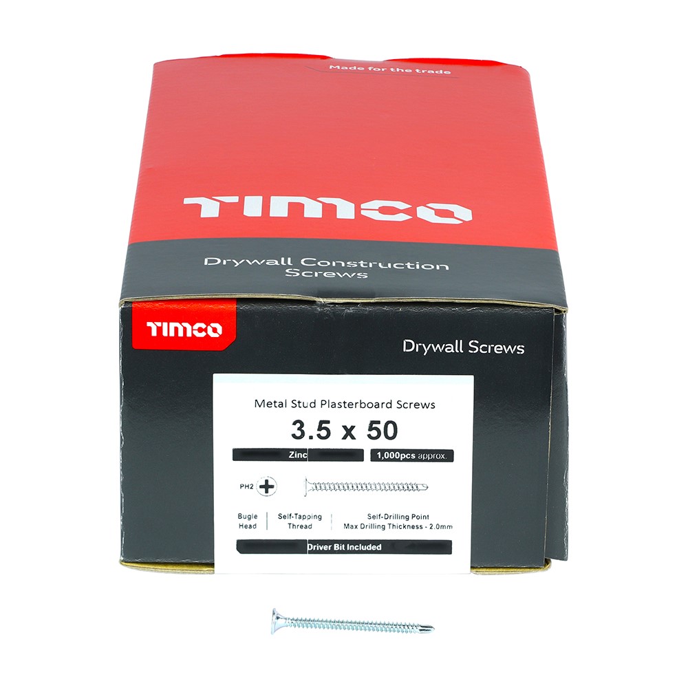 TIMCO Drywall Metal Stud Plasterboard Screws - PH - Bugle - Self Drilling - Zinc 3.5 x 50mm (1000 Pack)