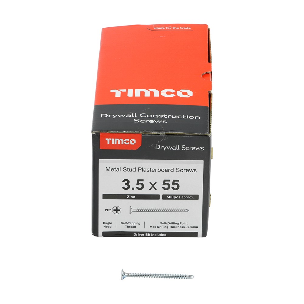 TIMCO Drywall Metal Stud Plasterboard Screws - PH - Bugle - Self Drilling - Zinc 3.5 x 55mm (500 Pack)