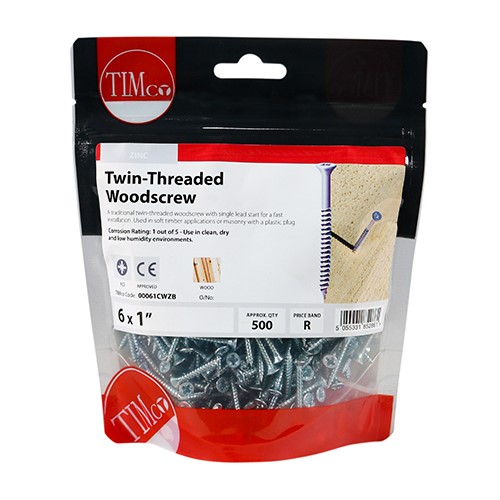 TIMCO Twin-Thread Woodscrews - PZ -Zinc 6g x 1