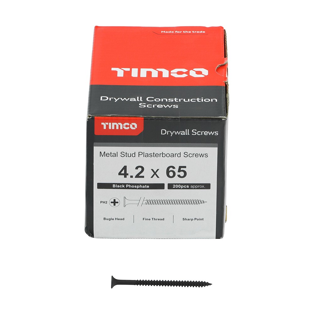 TIMCO Drywall Metal Stud Plasterboard Screws - PH - Bugle - Fine Thread - Grey 4.2 x 65mm (200 Pack)