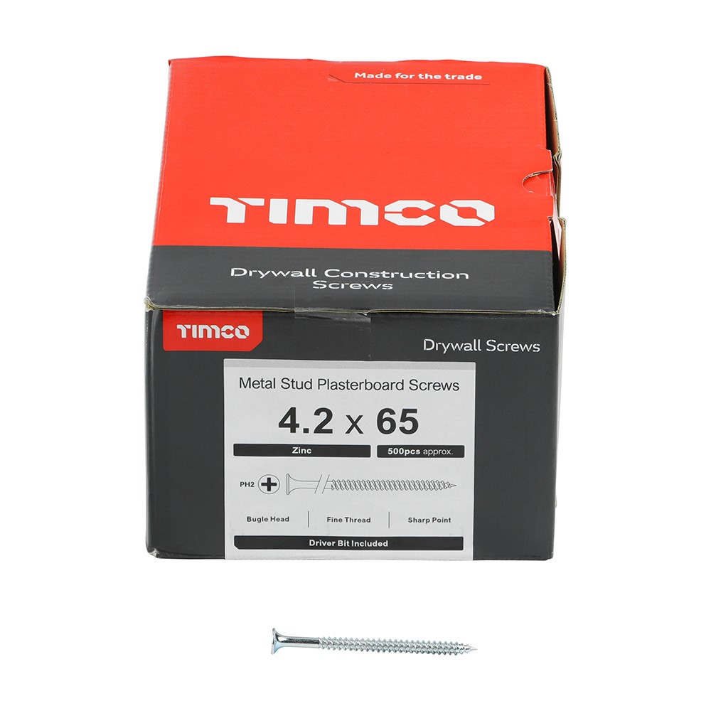 TIMCO Drywall Metal Stud Plasterboard Screws - PH - Bugle - Fine Thread - Zinc 4.2 x 65mm (500 Pack)