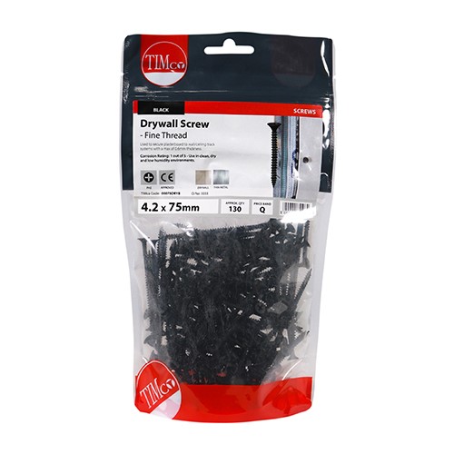 TIMCO Drywall Screws - Fine Thread - PH - Bugle - Black 4.2 x 75mm (130)