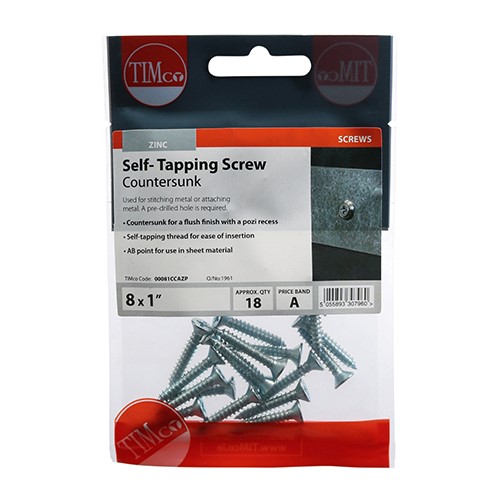 TIMCO Self-Tapping Screws - PZ - Countersunk - Zinc 8g x 1