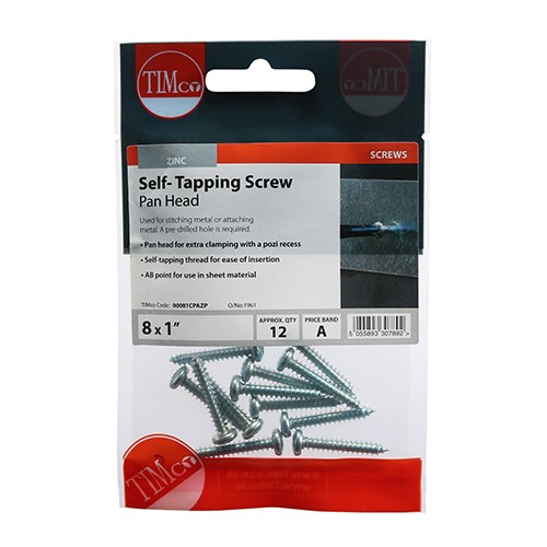 TIMCO Self-Tapping Screws - PZ - Pan - Zinc 8g x 1