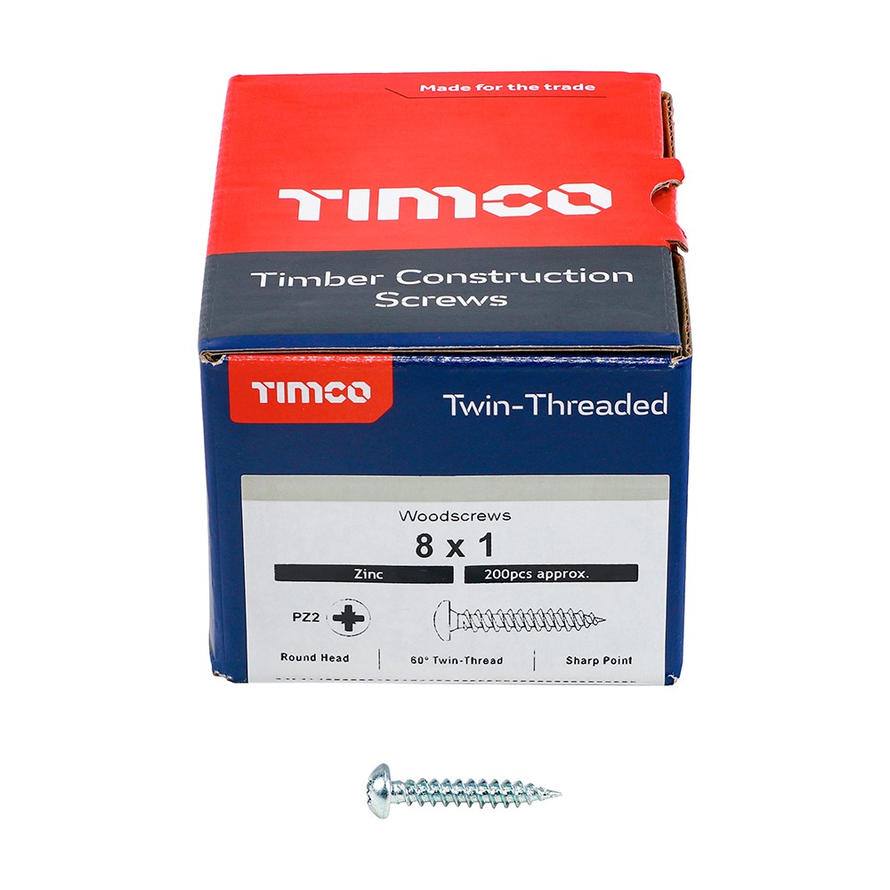 TIMCO Twin-Threaded Woodscrews - PZ - Round - Zinc 8g x 1