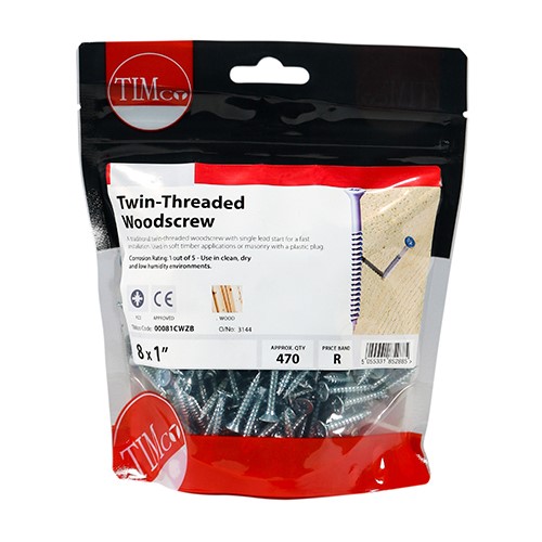 TIMCO Twin-Thread Woodscrews - PZ -Zinc 8g x 1