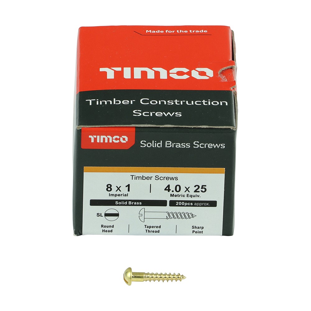 TIMCO Solid Brass Timber Screws - SLOT - Round 8g x 1