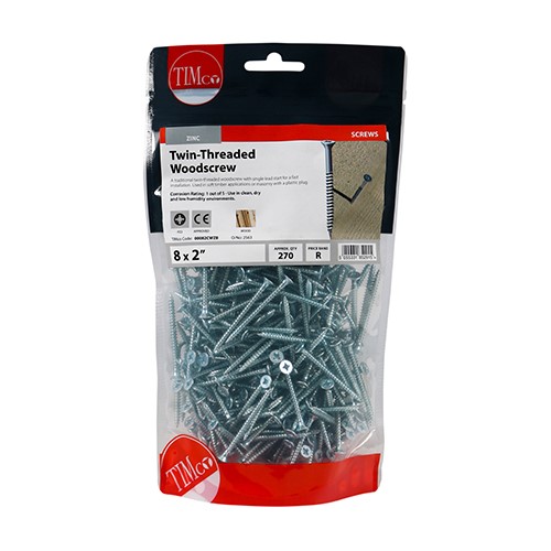 TIMCO Twin-Thread Woodscrews - PZ -Zinc 8g x 2