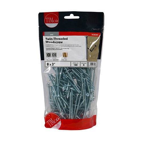 TIMCO Twin-Thread Woodscrews - PZ -Zinc 8g x 3