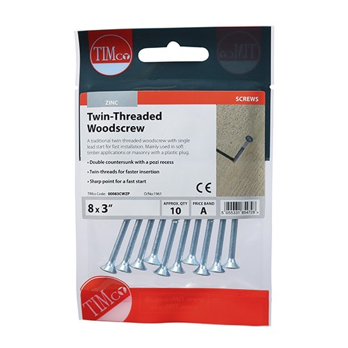 TIMCO Twin-Thread Woodscrews - PZ -Zinc 8g x 3