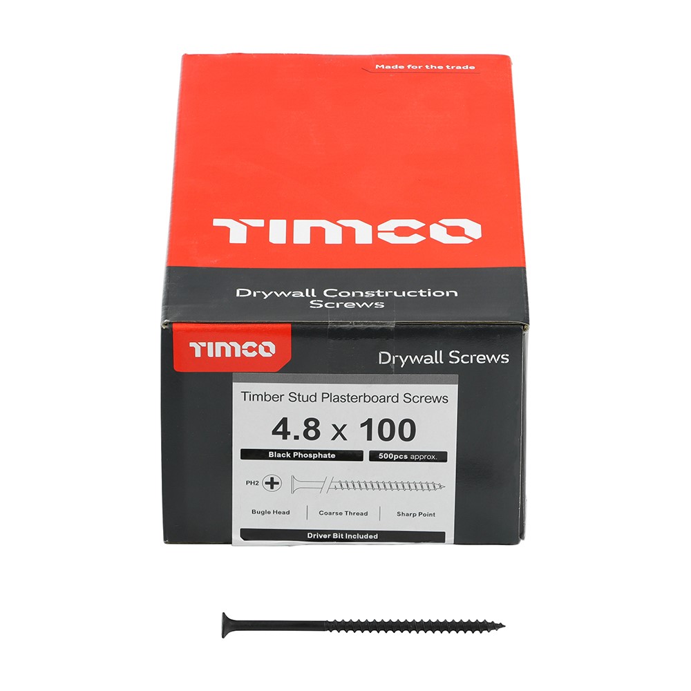 TIMCO Drywall Timber Stud Plasterboard Screws - PH - Bugle - Coarse Thread - Grey 4.8 x 100mm (500 Pack)