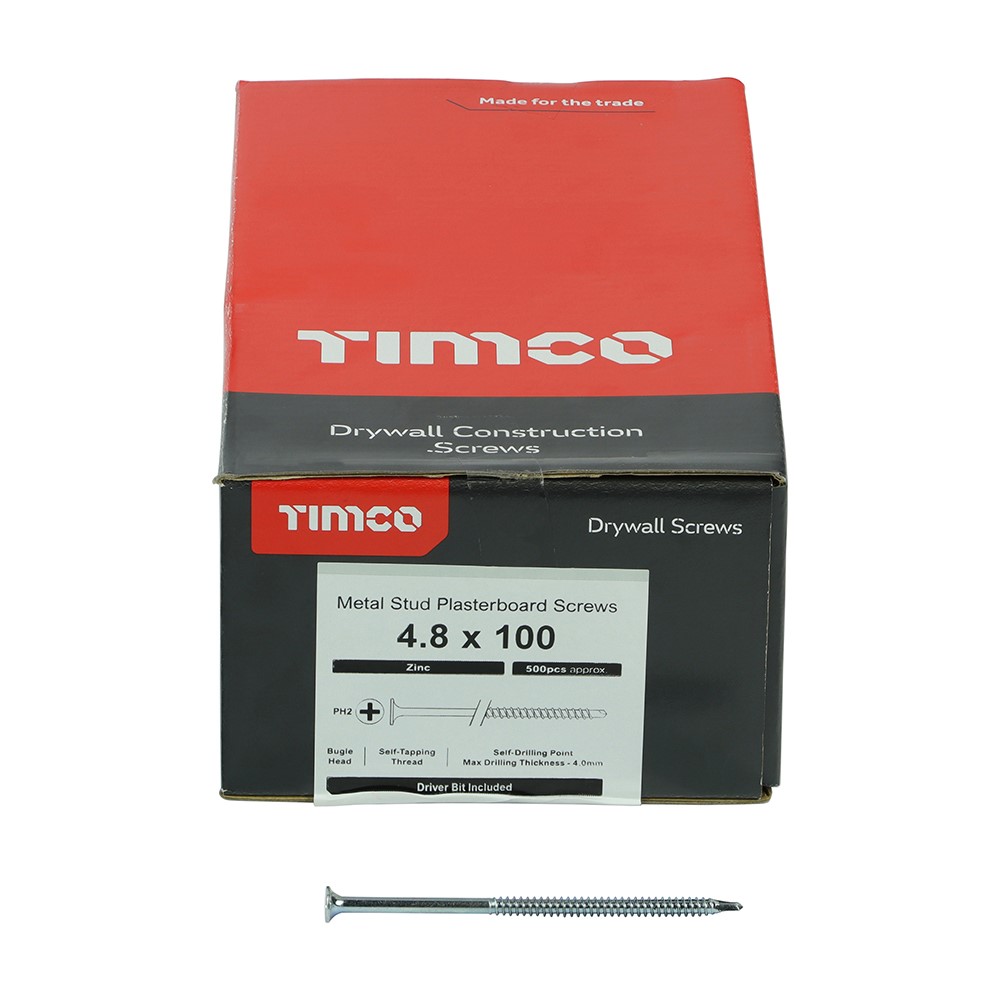 TIMCO Drywall Metal Stud Plasterboard Screws - PH - Bugle - Self Drilling - Zinc 4.8 x 100mm (500 Pack)