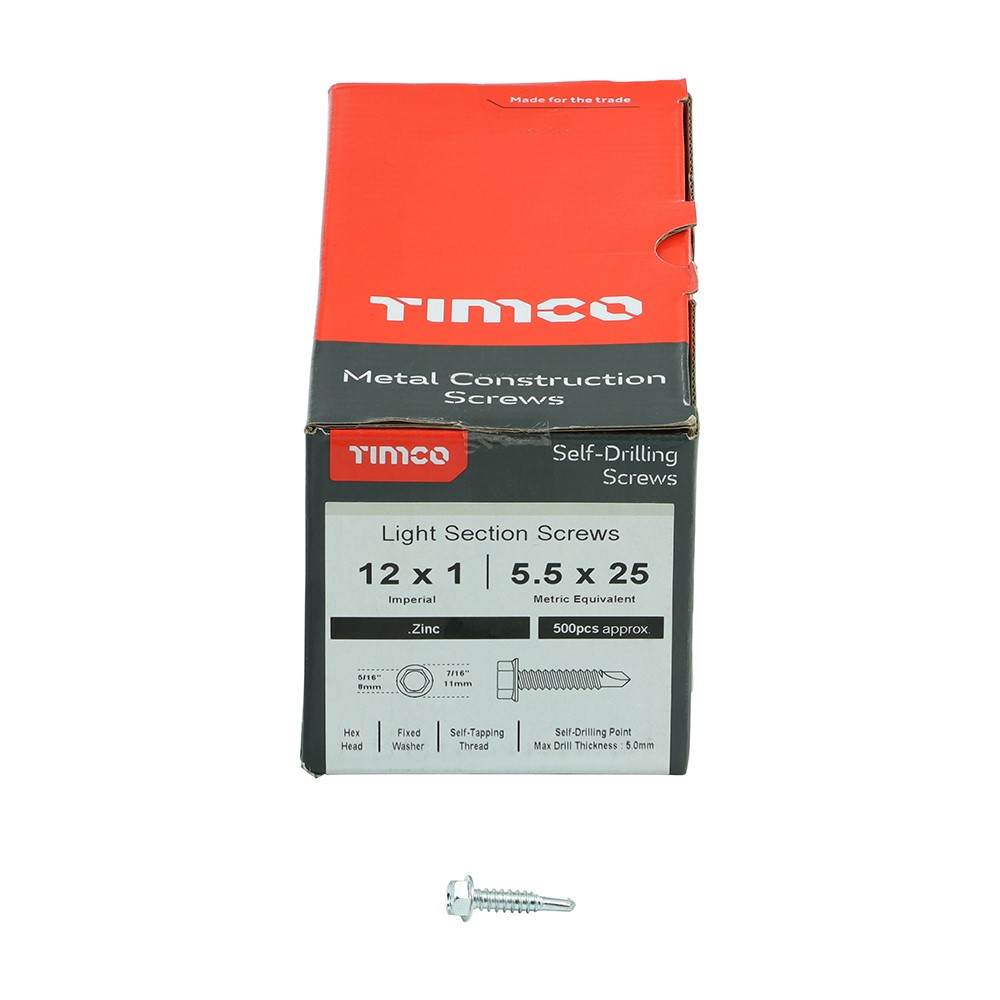 TIMCO Metal Construction Light Section Screws - Hex - Self-Drilling - Zinc 12 x 1mm (500 Pack)