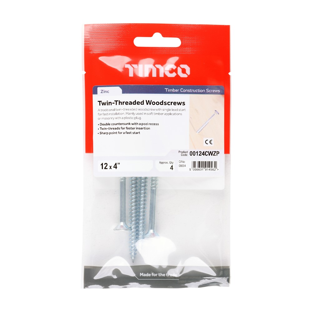 TIMCO Twin Woodscrews PZ2 Countersunk Bright Zinc Plated 12 x 4