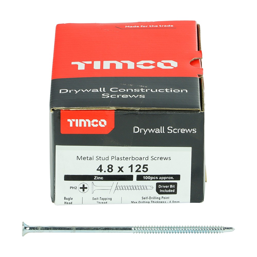 TIMCO Drywall Metal Stud Plasterboard Screws - PH - Bugle - Self Drilling - Zinc 4.8 x 125mm (100 Pack)