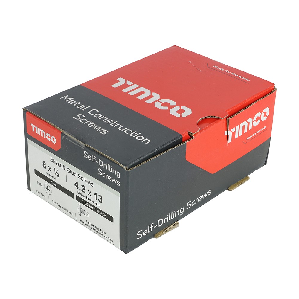 TIMCO Metal Construction Sheet & Stud Screws - PH - Pan - Self-Drilling - Zinc 8 x 1/2mm (1000 Pack)