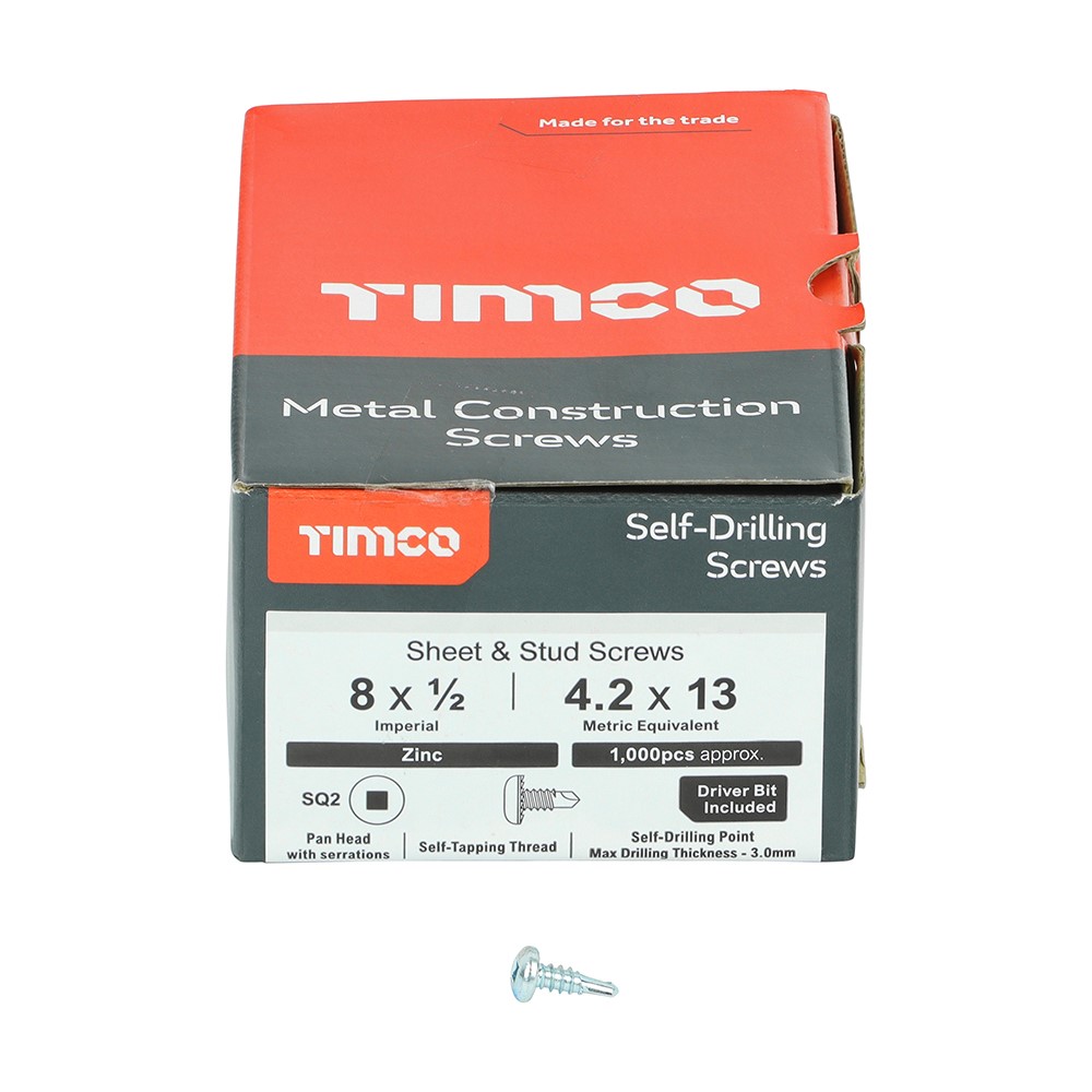 TIMCO Metal Construction Sheet & Stud Screws - SQ - Pan - Self-Drilling - Zinc 8 x 1/2mm (1000 Pack)