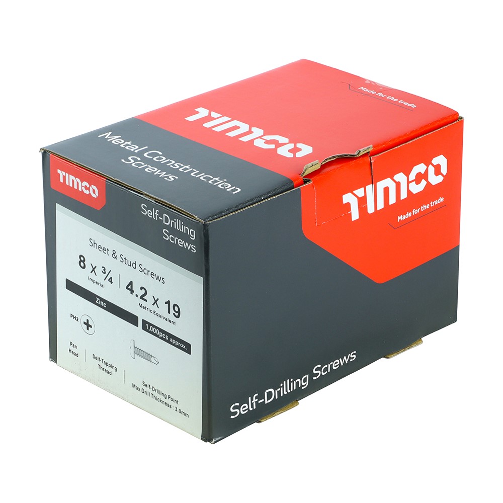 TIMCO Metal Construction Sheet & Stud Screws - PH - Pan - Self-Drilling - Zinc 8 x 3/4mm (1000 Pack)