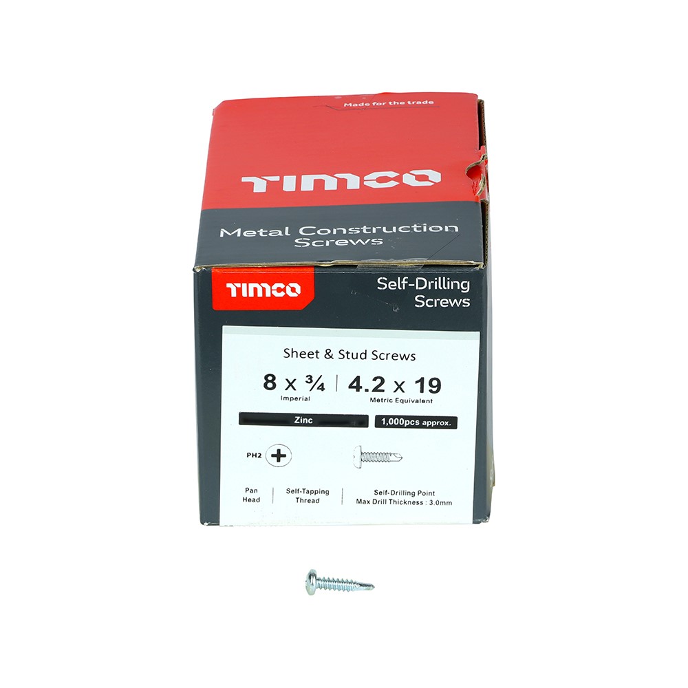 TIMCO Metal Construction Sheet & Stud Screws - PH - Pan - Self-Drilling - Zinc 8 x 3/4mm (1000 Pack)