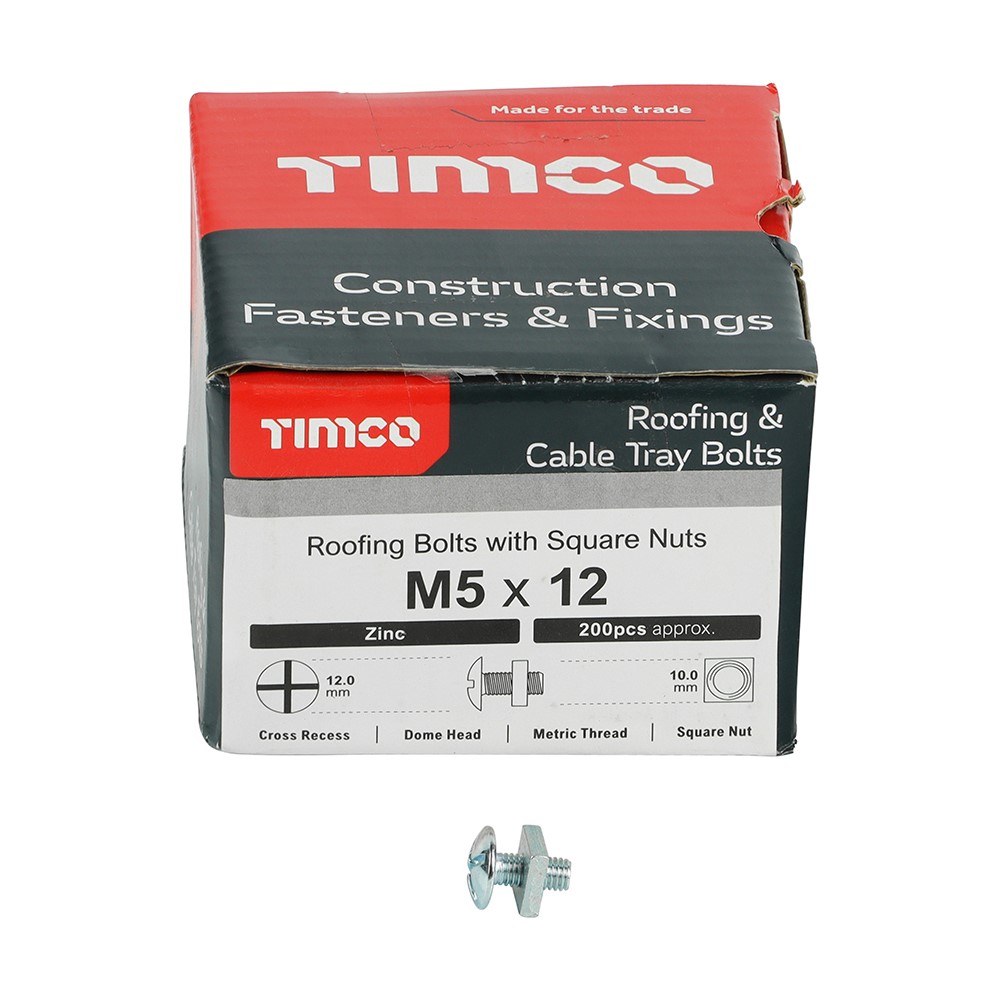 TIMCO Roofing Bolts with Square Nuts - Zinc M5 x 12mm (200 Pack)