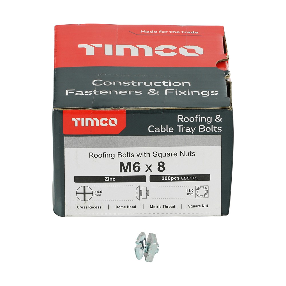 TIMCO Roofing Bolts with Square Nuts - Zinc M6 x 8mm (200 Pack)