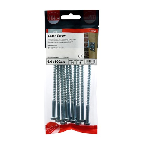 TIMCO Coach Screws - Hex - Zinc 6.0 x 100mm (10 Pack)