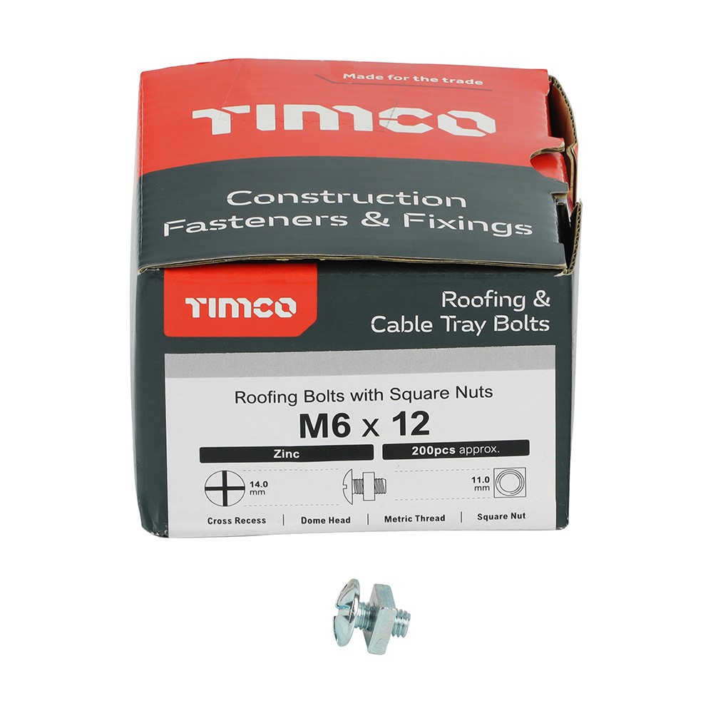 TIMCO Roofing Bolts with Square Nuts - Zinc M6 x 12mm (200 Pack)