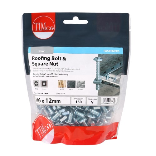 TIMCO Roofing Bolts & Square Nuts - Zinc M6 x 12mm (150)