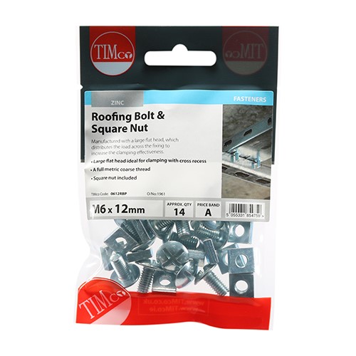 TIMCO Roofing Bolts & Square Nuts - Zinc M6 x 12mm (14 Pack)