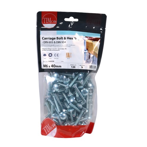 TIMCO Carriage Bolts & Hex Nuts - Zinc M6 x 40mm (120)