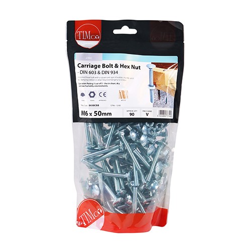 TIMCO Carriage Bolts & Hex Nuts - Zinc M6 x 50mm (90)