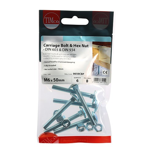 TIMCO Carriage Bolts & Hex Nuts - Zinc M6 x 50mm (6 Pack)