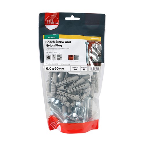 TIMCO Coach Screws & Nylon Plugs - Zinc 6.0 x 60mm (40)