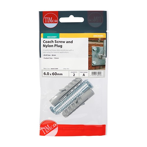 TIMCO Coach Screw & Nylon Plugs - Zinc 6.0 x 60mm (2 Pack)