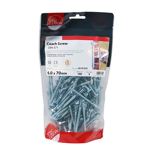 TIMCO Coach Screws - Hex - Zinc 6.0 x 70mm (100)