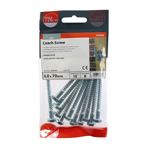 TIMCO Coach Screws - Hex - Zinc 6.0 x 70mm (10 Pack)