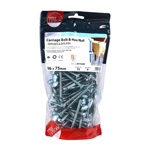 TIMCO Carriage Bolts & Hex Nuts - Zinc M6 x 75mm (75)