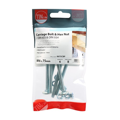 TIMCO Carriage Bolts & Hex Nuts - Zinc M6 x 75mm (6 Pack)