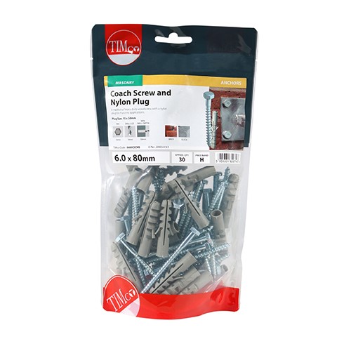 TIMCO Coach Screws & Nylon Plugs - Zinc 6.0 x 80mm (30)