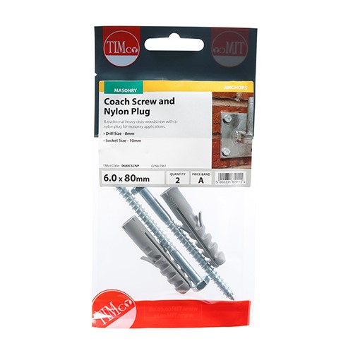 TIMCO Coach Screw & Nylon Plugs - Zinc 6.0 x 80mm (2 Pack)