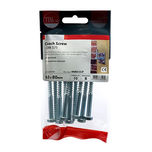 TIMCO Coach Screws - Hex - Zinc 6.0 x 80mm (10 Pack)