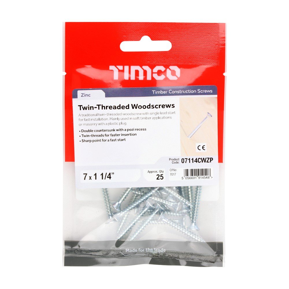 TIMCO Twin Woodscrews PZ2 Countersunk Bright Zinc Plated 7 x 1 1/4