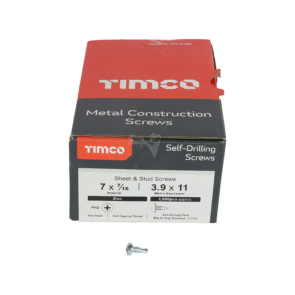 TIMCO Metal Construction Sheet & Stud Screws - PH - Pan - Self-Drilling - Zinc 7 x 7/16mm (1000 Pack)