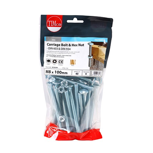 TIMCO Carriage Bolts & Hex Nuts - Zinc M8 x 100mm (40)